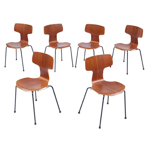 Arne Jacobsen, model 3103 stacking chairs: Arne Jacobsen, model 3103 stacking chairs, 6, Fritz Hansen, Denmark, teak, enameled steel, signed with Fritz Hansen labels, 16''w x 18''d x 30.5''h