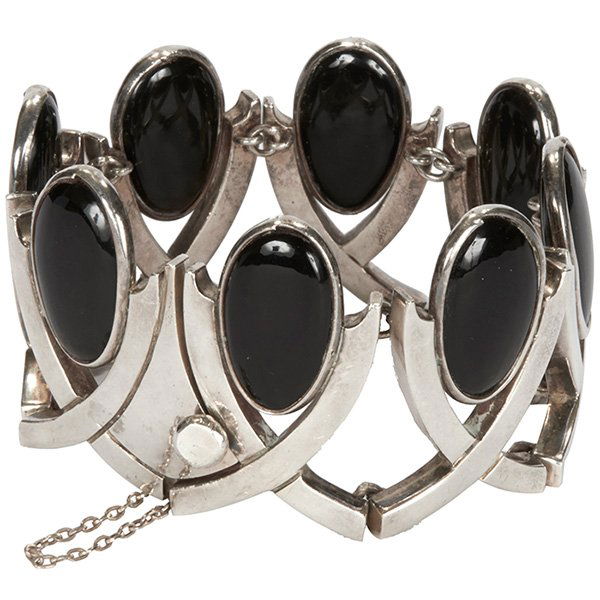 Antonio Pineda, bracelet, Taxco: Antonio Pineda, bracelet, Taxco, Mexico, sterling, onyx, signed with stamped marks, 7.5" long x 1.75"h