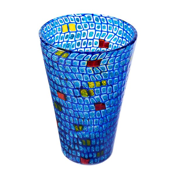 Gianni Versace, vase, Venini, Murano,: Gianni Versace, vase, Venini, Murano, Italy, blue and clear glass with red and yellow squares, signed "Venini Gianni Versace 1998/50", 6.5"dia. x 10"h