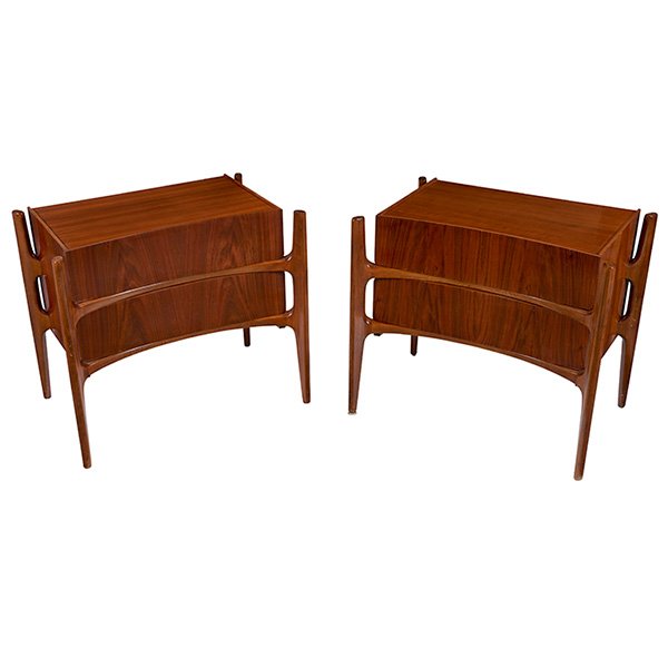 Edmund Spence, night stands: Edmund Spence, night stands, pair, walnut, beech, Sweden, 1950s, each with stamped mark "Made in Sweden", 26.5"w x 17.5"d x 23"h