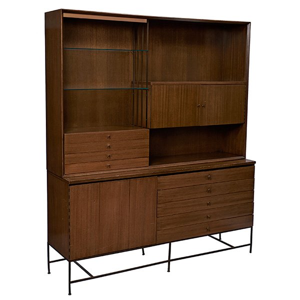 Paul McCobb, Irwin Collection wall unit: Paul McCobb, Irwin Collection wall unit, two pieces, Calvin, Grand Rapids, MI, mahogany, brass, glass, each piece signed with Calvin/Irwin metal tag, 71.25''w x 19.25''d x 83.75''h