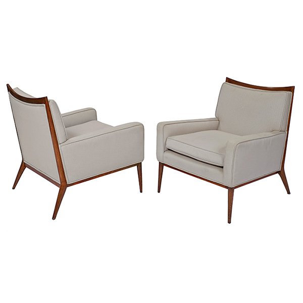 Paul McCobb, lounge chairs: Paul McCobb, lounge chairs, pair, Directional, USA, 1960s, walnut, upholstery, Exposed wood trim surrounds the backrest., 30''w x 30''d x 32.5''h
