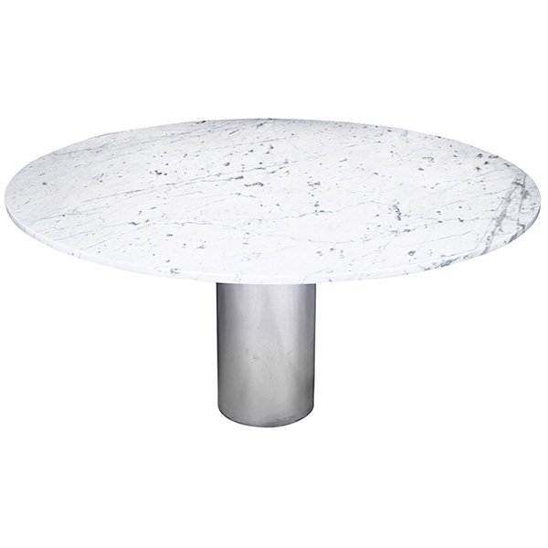 Brueton, CO dining table: Brueton, CO dining table, Brueton Design, NY, 1972, Italian carrara marble, seamless mirror stainless steel, enameled steel, The table base must bolt to the floor for stability. Hardware is included.,