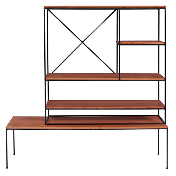 Paul McCobb, Planner Group shelving unit: Paul McCobb, Planner Group shelving unit, Winchendon, 1950s, wrought iron, maple, unsigned, bench: 63''w x 16''d x 17.5''h, top: 48''w x 13''d x 49''h