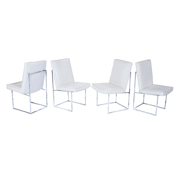 Milo Baughman, dining chairs: Milo Baughman, dining chairs, four, Thayer Coggin, 1960s, chromed steel, glossy white vinyl, two signed with Thayer Coggin label, 19"w x 21"d x 36"h