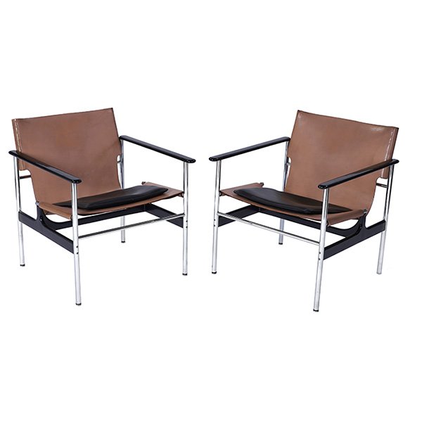 Charles Pollock, 657 Arm Chairs: Charles Pollock, 657 Arm Chairs, pair, Knoll, 1960s, chromed steel, leather, cast aluminum, unsigned, 25.25''w x 26.25''d x 28.5''h