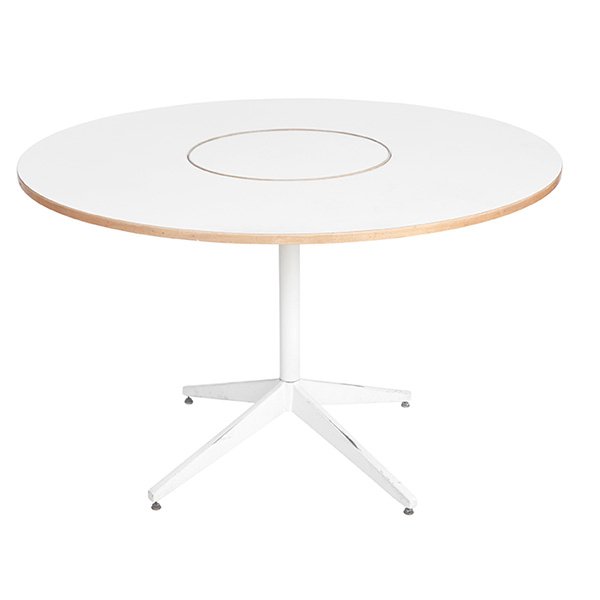 George Nelson, Lazy Susan dining table: George Nelson, Lazy Susan dining table, Herman Miller, 1960s, birch, white laminate, enameled steel, signed with round metal tag, 47.5"dia. x 29.5"h