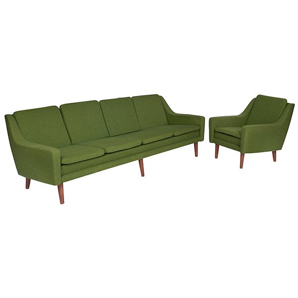Folke Ohlsson, sofa and chair: Folke Ohlsson, attribution, sofa and chair, Dux, Denmark, 1960s, teak, original wool upholstery, unsigned, chair: 33.5''w x 32''d x 31''h, sofa: 94''w x 32''d x 31''h