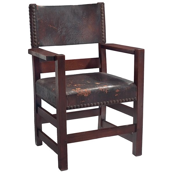 Gustav Stickley, armchair, #2639, Eastwood, NY, oak,: Gustav Stickley, armchair, #2639, Eastwood, NY, oak, leather, brass, signed with early box mark, 25"w x 20"d x 36.5"h