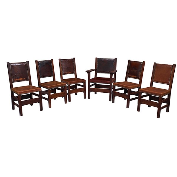 Gustav Stickley, dining chair set: one armchair, #356A: Gustav Stickley, dining chair set: one armchair, #356A and five side chairs, #356, Eastwood, NY, circa 1912, oak, leather, original brass, branded signature, side chairs: 18.5"w x 17.5"d x 37.5"h; arm