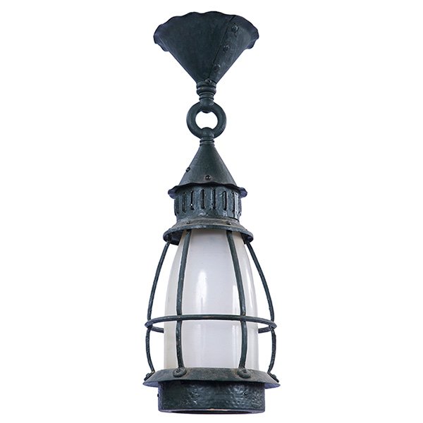 American Arts & Crafts Period, hanging lantern, painted: American Arts & Crafts Period, hanging lantern, painted copper, glass, 7"dia x 20"h