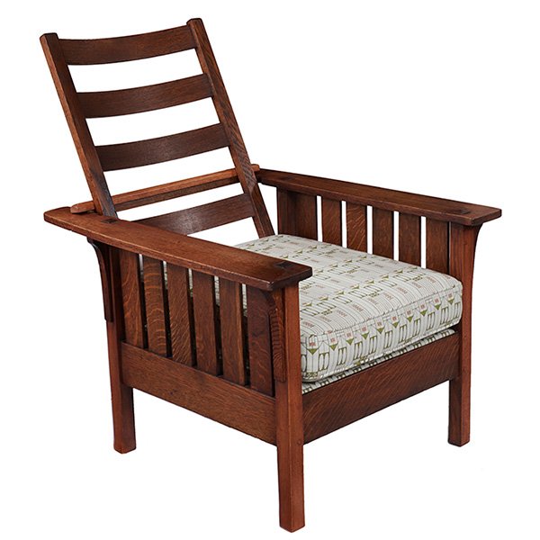 L & JG Stickley, Morris chair, #471, Fayetteville, NY,: L & JG Stickley, Morris chair, #471, Fayetteville, NY, oak, fabric, unsigned, recovered in a Josef Hoffmann designed upholstery, 31.5"w x 35"d x 41"h