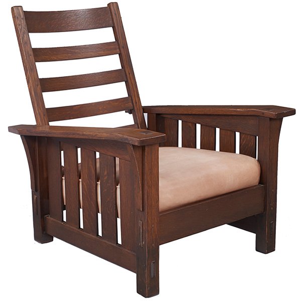 Gustav Stickley, bent-arm Morris chair, #369, Eastwood,: Gustav Stickley, bent-arm Morris chair, #369, Eastwood, NY, oak, leather, unsigned, 32.5"w x 38"d x 40"h