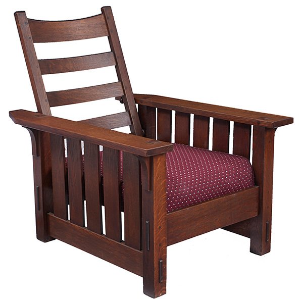 Gustav Stickley, flat-arm Morris chair, #332, Eastwood,: Gustav Stickley, flat-arm Morris chair, #332, Eastwood, NY, oak, fabric, unsigned, 32"w x 38"d x 39"h