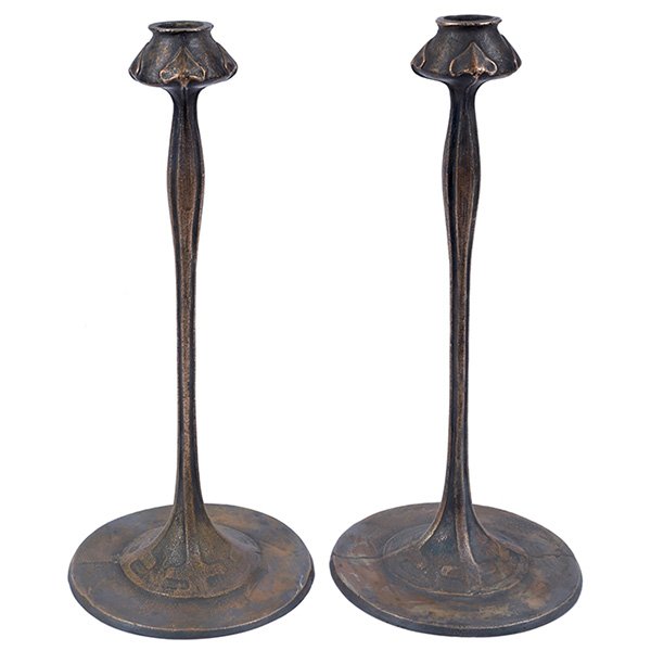 American Arts & Crafts, after a design by Robert Riddle: American Arts & Crafts, after a design by Robert Riddle Jarvie (1865-1941), candlesticks, pair, bronze, Art Nouveau forms, 6"dia x 13.5"h