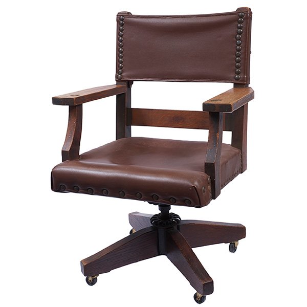 Gustav Stickley, office chair, #2639 1/2, Eastwood, NY,: Gustav Stickley, office chair, #2639 1/2, Eastwood, NY, oak, leather, brass, unsigned, 26"w x 22"d x 37"h