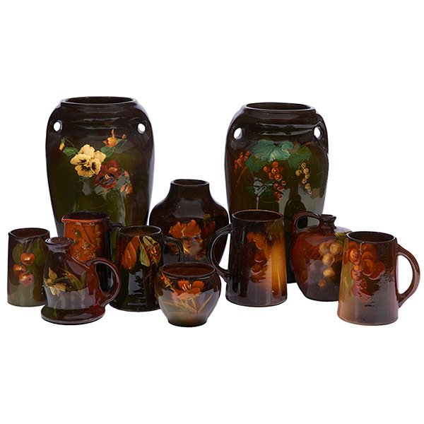 The Weller Pottery Company, Louwelsa items, seven,: The Weller Pottery Company, Louwelsa items, seven, Zanesville, OH, glazed ceramic, most are marked, together with a Cambridge vase, two McCoy Loy-Nel vases and an Owens, attributed handled vessel, lar