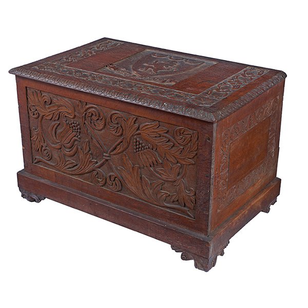 George L. Clark, blanket chest, USA, 1902, oak,: George L. Clark, blanket chest, USA, 1902, oak, unsigned, Kimball Family crest with ‘Fortis Non Ferix' motto, 37.75"w x 23.25"d x 24.25"h, Provenance: The Estate of Robert Edwards, Swarthmore, PA, C