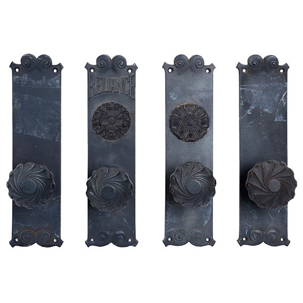 D.H. Burnham & Co. for the Reliance Building: D.H. Burnham & Co. for the Reliance Building, doorknobs and backplates, #401.5, set of four, Chicago, IL, patinated metal, signed with manufacturer's logo and impressed model number, Yale & Town Mfg. 