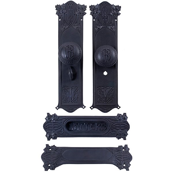 Louis H. Sullivan (1856-1924) for the Union Trust: Louis H. Sullivan (1856-1924) for the Union Trust Building, door hardware, six articles, Chicago, IL, patinated metal, signed with manufacturer's logo, Yale & Town Mfg. Co., largest: 3.5"w x 13.25"l
