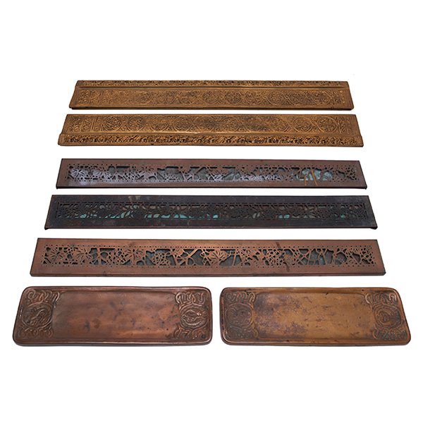 Tiffany Studios, Venetian blotter ends, pair, #1696 and: Tiffany Studios, Venetian blotter ends, pair, #1696 and Zodiac pen trays, pair, #1000, New York, NY, bronze, each marked, together with 3 Tiffany Studios attributed blotter ends, unmarked, largest: 19