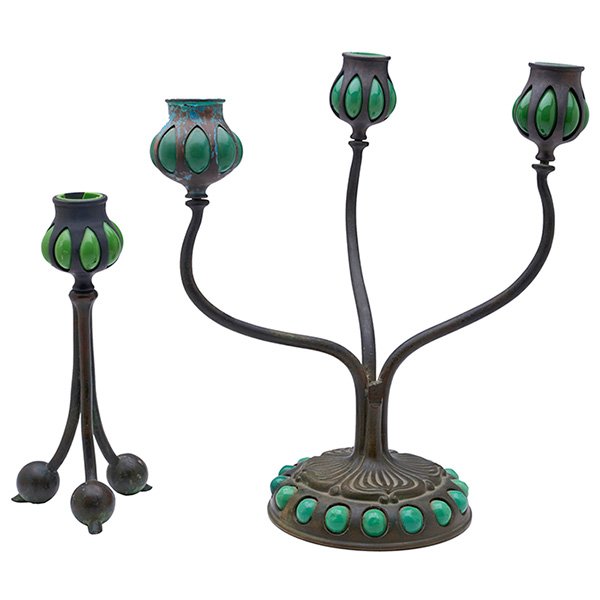 Tiffany Studios, candlestick, #1202 and candelabrum,: Tiffany Studios, candlestick, #1202 and candelabrum, New York, NY, bronze, Favrile glass, one marked, larger: 10"w x 12"h