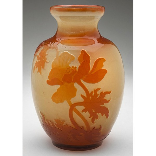 Emile Galle (1846-1904), Poppy vase, France, cameo cut: Emile Galle (1846-1904), Poppy vase, France, cameo cut and fire polished glass, signed, 5"dia x 7.5"h
