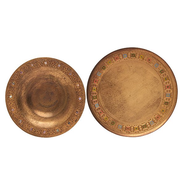 Tiffany Studios, bowl, #1723 and plate, #1744, New: Tiffany Studios, bowl, #1723 and plate, #1744, New York, NY, bronze, abalone, enamel, signed and numbered, larger: 10"dia x 1.5"h