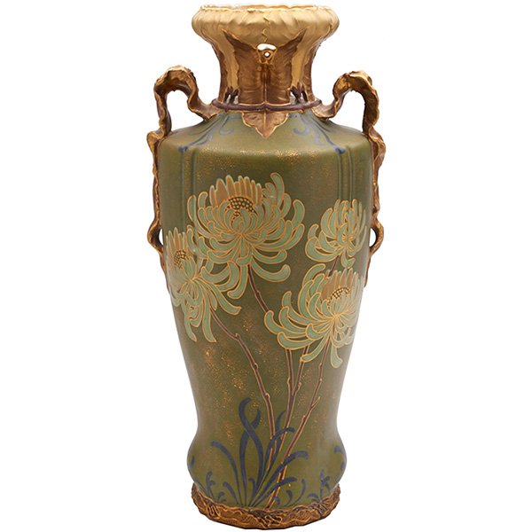 Ernst Wahliss Co., Amphora, vase, #5881I, Austria,: Ernst Wahliss Co., Amphora, vase, #5881I, Austria, polychrome glazed and painted ceramic, marked, 7"w x 15"h