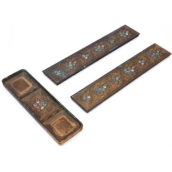Tiffany Studios, Abalone blotter ends, #1153, pair, and: Tiffany Studios, Abalone blotter ends, #1153, pair, and pen tray, #1159, New York, NY, dore bronze, abalone, stamped signatures and numbers, blotter ends: 2.25"w x 12.25"l; pen tray: 2.5"w x 8.75"l,