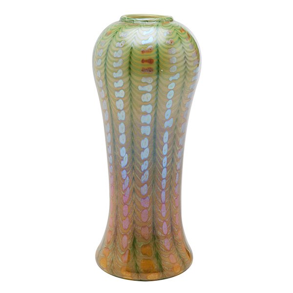 Tiffany Corona Studios, attribution, vase, c. 1896, New: Tiffany Corona Studios, attribution, vase, c. 1896, New York, NY, decorated glass, paper label, 3"dia x 7.5"h