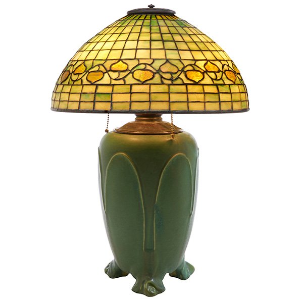 Rookwood Pottery, table lamp base, #1118, Cincinnati,: Rookwood Pottery, table lamp base, #1118, Cincinnati, OH, 1912, matte glazed pottery, marked, together with a shade, attributed to Tiffany Studios, overall:16"dia x 23"h