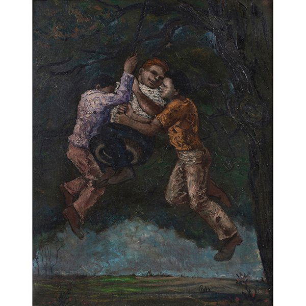 Albert Pels, (American, 1910-1998), Tire Swing, oil on: Albert Pels, (American, 1910-1998), Tire Swing, oil on canvas, signed lower right, 19.75" x 15.5"