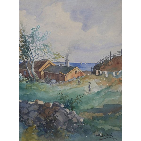 Birger Sandzen, (American, 1871-1954), Figure of a Boy: Birger Sandzen, (American, 1871-1954), Figure of a Boy Near Houses, 1894, watercolor, signed and dated lower right, 13" x 9.75"