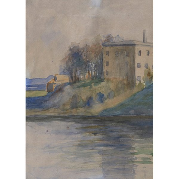 Birger Sandzen, (American, 1871-1954), Building Near: Birger Sandzen, (American, 1871-1954), Building Near Water, watercolor, 14.25" x 10"