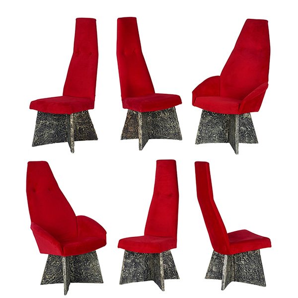 Adrian Pearsall, dining chairs, six, Craft Associates,: Adrian Pearsall, dining chairs, six, Craft Associates, bronzed resin over wood, original upholstery, two arm chairs: 27.5"w x 24"d x 48"h, four side chairs: 20"w x 22"d x 48"h