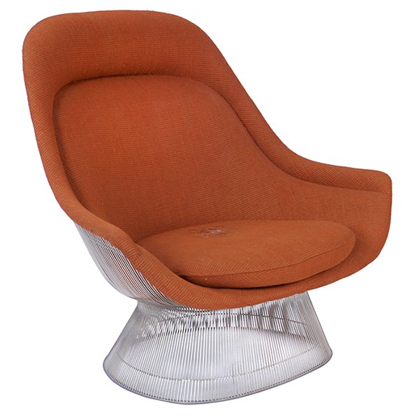 Warren Platner, high back Easy chair, Knoll: Warren Platner, high back Easy chair, Knoll International, nickel-plated steel, original wool, Knoll label, wear to the seat cushion, 42"w x 36"d x 39.5"h
