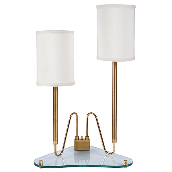 Gio Ponti, table lamp, Fontana Arte, Italy, original: Gio Ponti, table lamp, Fontana Arte, Italy, original glass, brass, replaced shades, one chip to the glass, 18"w x 11.5"d x 28.5"h