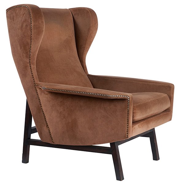 Gianfranco Frattini, lounge chair, Italy, 1950s,: Gianfranco Frattini, lounge chair, Italy, 1950s, stained wood, upholstery, brass tacks, 31.5"w x 33.5"d x 39.5"h