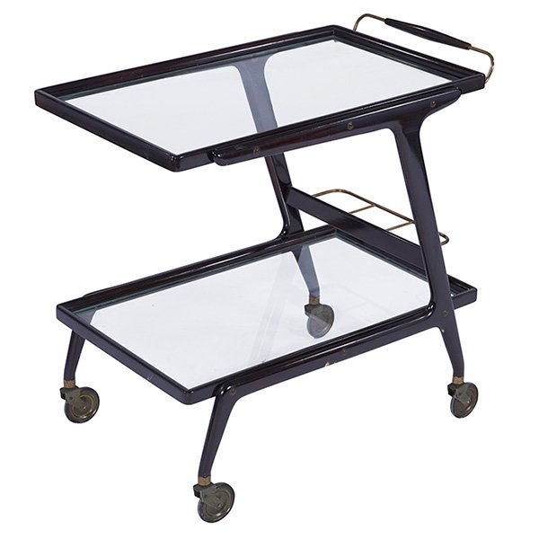 Cesare Lacca, bar cart, Italy, 1940s, ebonized wood,: Cesare Lacca, bar cart, Italy, 1940s, ebonized wood, brass, casters, 19"w x 32"d x 30.5"h