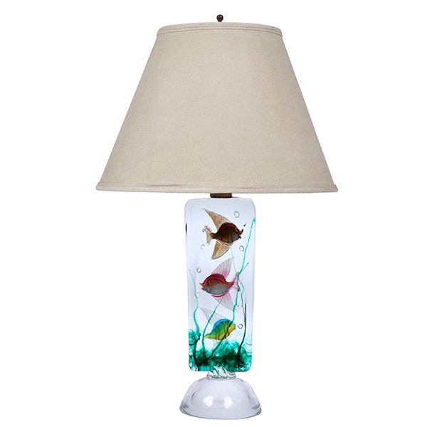 Alfredo Barbini, Aquarium lamp, Cenedese, Murano,: Alfredo Barbini, Aquarium lamp, Cenedese, Murano, Italy, translucent glass, colorful fish and seaweed inclusions, unsigned, The shade is not included, glass only: 5.5"w x 6.25"d x 16.5"h