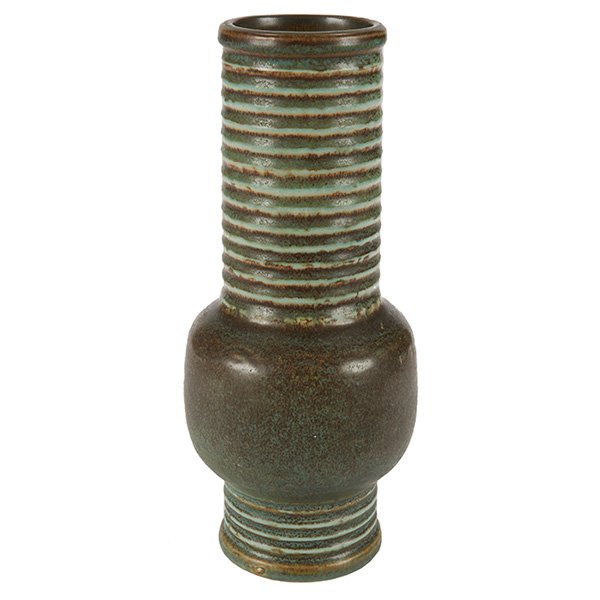 Gunnar Nylund, vase, Rorstrand, Sweden, glazed ceramic,: Gunnar Nylund, vase, Rorstrand, Sweden, glazed ceramic, ribbed neck and base, signed with stamped marks and "G.N.", 4.5"dia. x 10.25