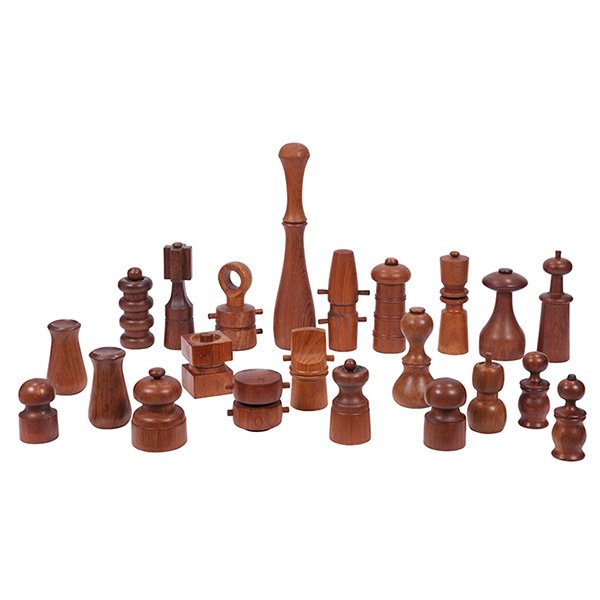 Jens Quistgaard pepper mills, set of 22, Dansk: Jens Quistgaard, pepper mills, group of 22, with 20 being Dansk, and two pieces (pepper mill and salt shaker) being by Digsmed, made in Denmark and Thailand, teak, 8 with Peugeot Freres mechanism, 5 m