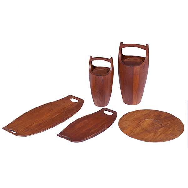 Jens Quistgaard, ice buckets and trays, 5 pieces,: Jens Quistgaard, ice buckets and trays, 5 pieces, Dansk, Denmark, teak, each signed "JHQ Denmark", one tray includes a removable bowl (not shown), large ice bucket: 9"dia. x 19.5"h, large tray: 26.75"