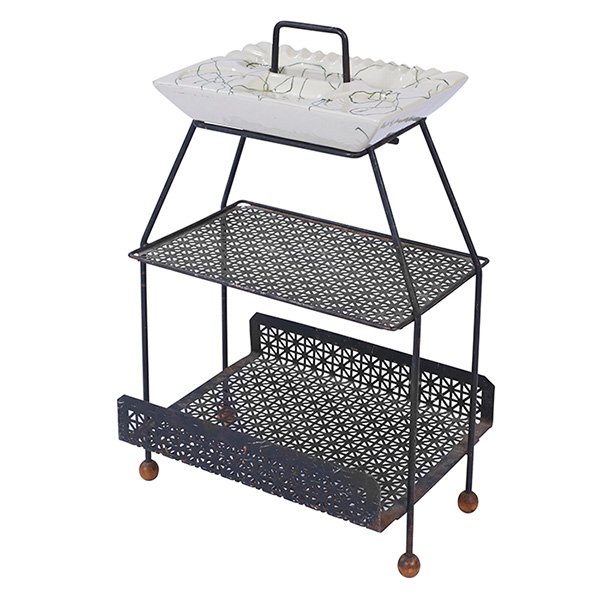 French, magazine rack, 1950s, ceramic, perforated: French, magazine rack, 1950s, ceramic, perforated steel, wood, The ceramic ashtray top is removable., 15.5''w x 11''d x 24''h