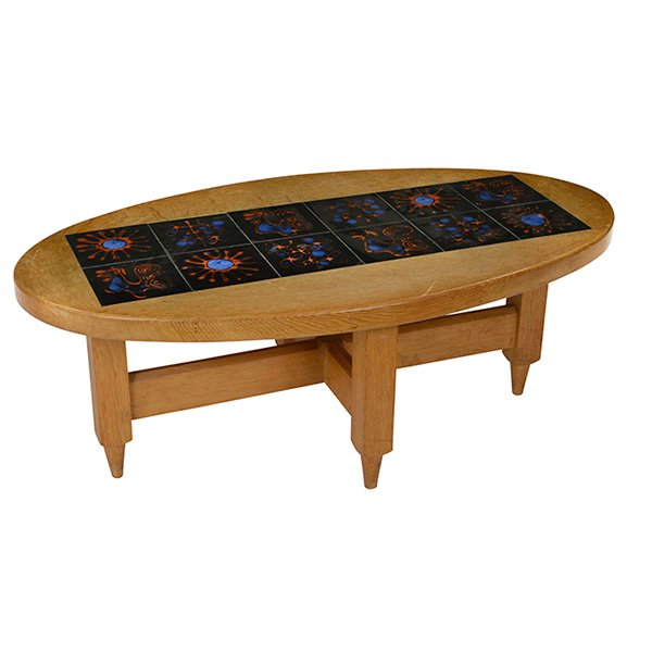Guillerme & Chambron, coffee table, Votre Maison,: Guillerme & Chambron, coffee table, Votre Maison, France, oak, black glazed ceramic tiles with red and blue designs, unsigned, 44.5"w x 24"d x 17"h