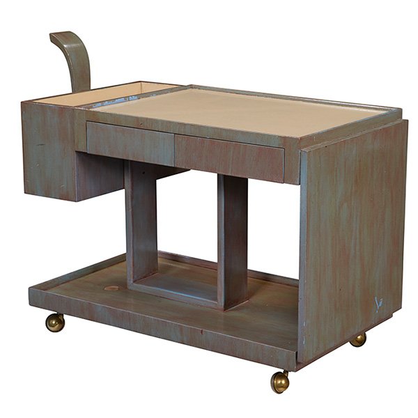 James Mont Style, bar / serving cart, 1940s, lacquered: James Mont Style, bar / serving cart, 1940s, lacquered wood, plastic laminate, unsigned, 36''w x 19.25''d x 30''h