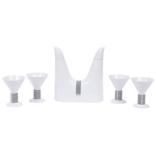 Heide Warlamis, Vienna Collection Martini set, ceramic,: Heide Warlamis, Vienna Collection Martini set, ceramic, Austria, 1980s, signed, double decanter and four glasses, glasses: 4.5"dia. x 5.5"h, decanter: 10"w x 4"d x 11"h