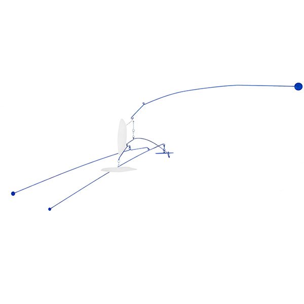 1970s, large mobile, blue and white painted wire and: 1970s, large mobile, blue and white painted wire and metal, unsigned, approximately 80"w x 52"d x 36"h