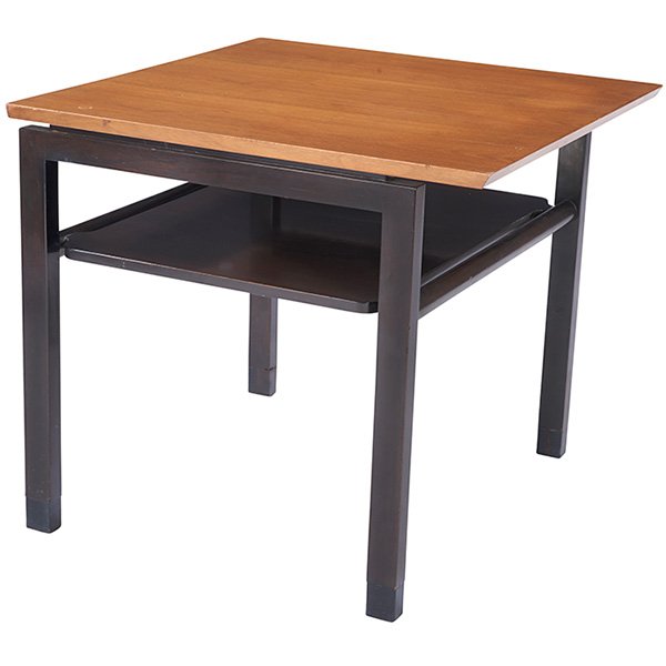Edward Wormley, occasional table, No. 638A, Dunbar,: Edward Wormley, occasional table, No. 638A, Dunbar, 1960s, mahogany, walnut, leather, green metal Dunbar tag, paper tag, 28"w x 28"d x 25"h